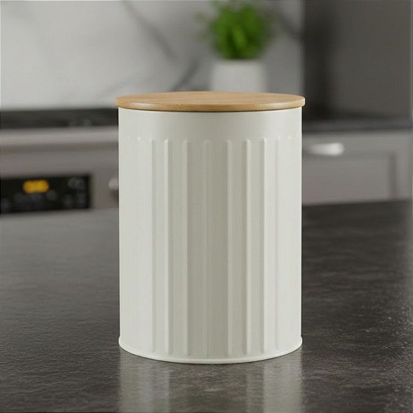 Pote Organizador de Metal com Tampa de Bambu - Bege - 15x11x11cm - 1 unidade - Cromus - Rizzo