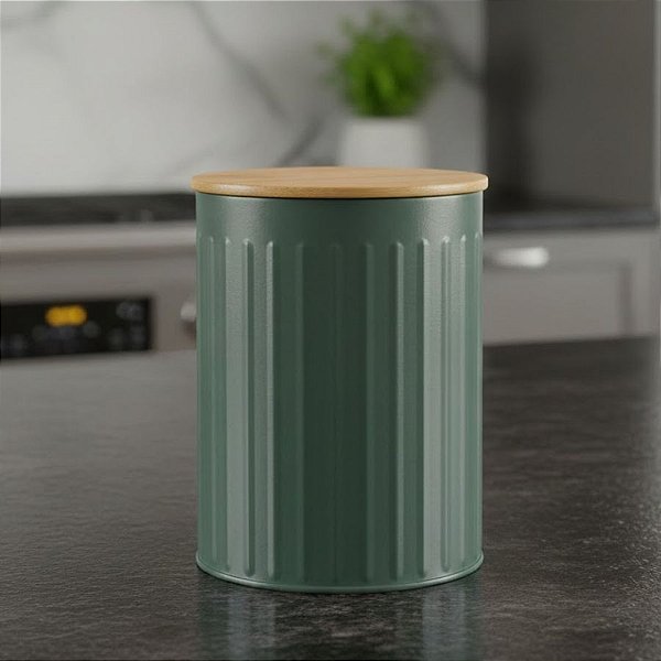 Pote Organizador de Metal com Tampa de Bambu - Verde - 15x11x11cm - 1 unidade - Cromus - Rizzo