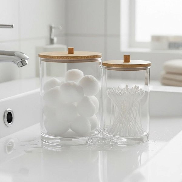 Pote Organizador Duplo - Acrílico com Tampa de Bambu - 14x12x8cm - 1 unidade - Cromus - Rizzo