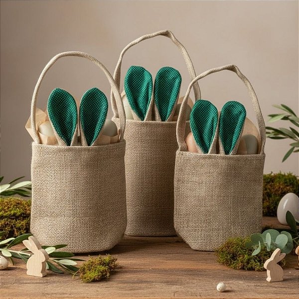 Sacola de Juta de Páscoa com Orelha Verde Escuro Poá Branco - 1 unidade - EcoArt  - Rizzo