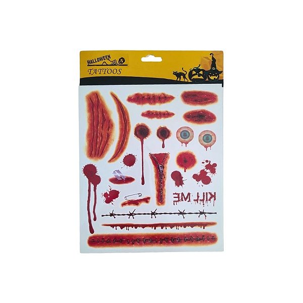 Kit Adesivo -Tatuagem para Pele - Halloween - Olhos e Ferimentos - 1 unidade - Rizzo