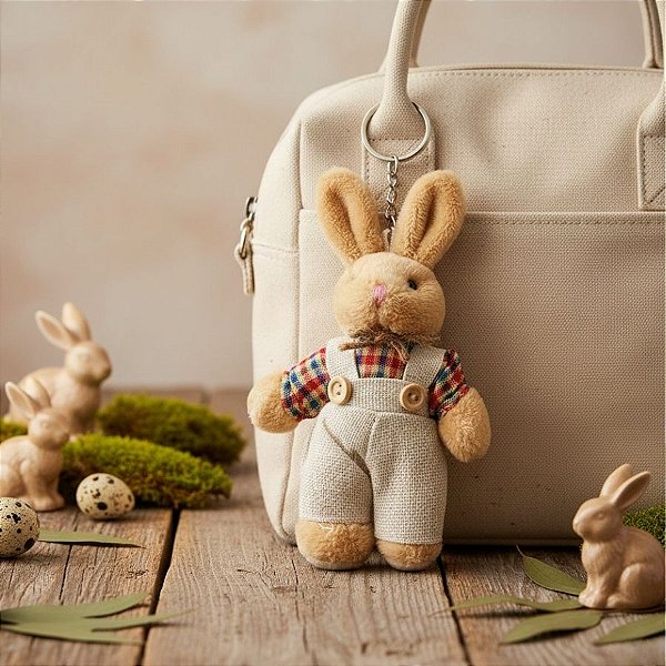 Chaveiro Coelho de Pelúcia Bege de Macacão e Blusa Xadrez - Vermelho e Verde - 14x7x3cm - 1 unidade - Rizzo