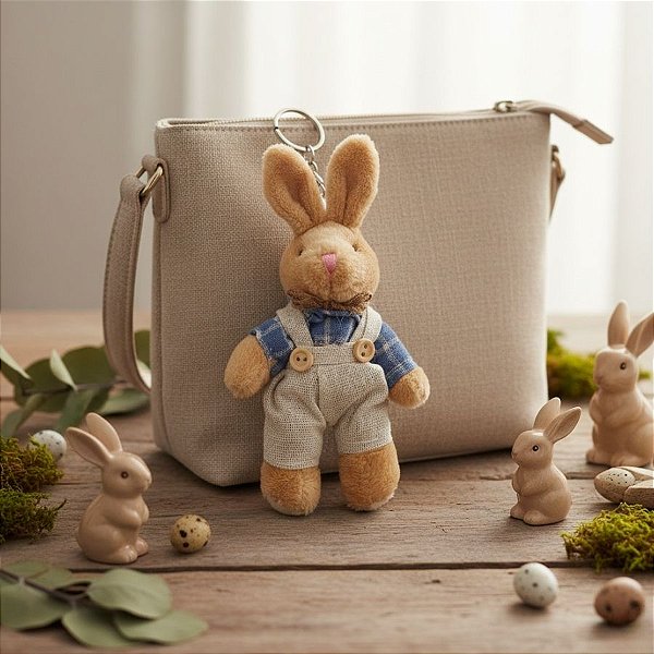 Chaveiro Coelho de Pelúcia Bege de Macacão e Blusa Xadrez - Azul - 14x7x3cm - 1 unidade - Rizzo