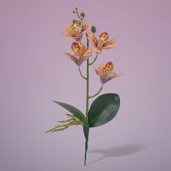 Haste Flor Permanente - Orquídea Cymbidium com Folha - Ocre - 36cm  - 1 unidade - Cromus - Rizzo