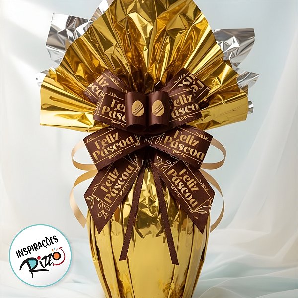 Laço Fácil de Fita de Cetim - Feliz Páscoa Gold Marrom - ELRC005H Cor 007 - 22mm - 5 unidades - Fitas Progresso - Rizzo