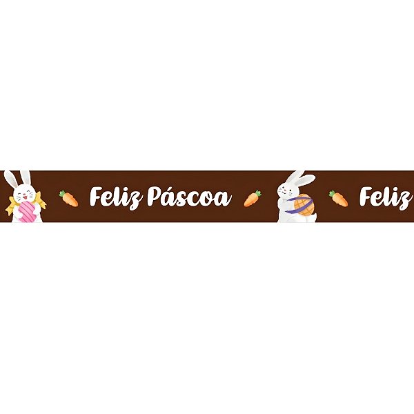 Fita de Cetim 22mm x 10m - Feliz Páscoa Coelhos e Cenoura Marrom - ECF005TR Cor 238 - Rolo 10m - 1 unidade - Fitas Progr
