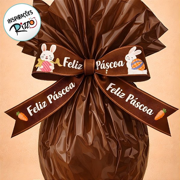 Fita de Cetim 22mm x 10m - Feliz Páscoa Coelhos e Cenoura Marrom - ECF005TR Cor 238 - Rolo 10m - 1 unidade - Fitas Progr