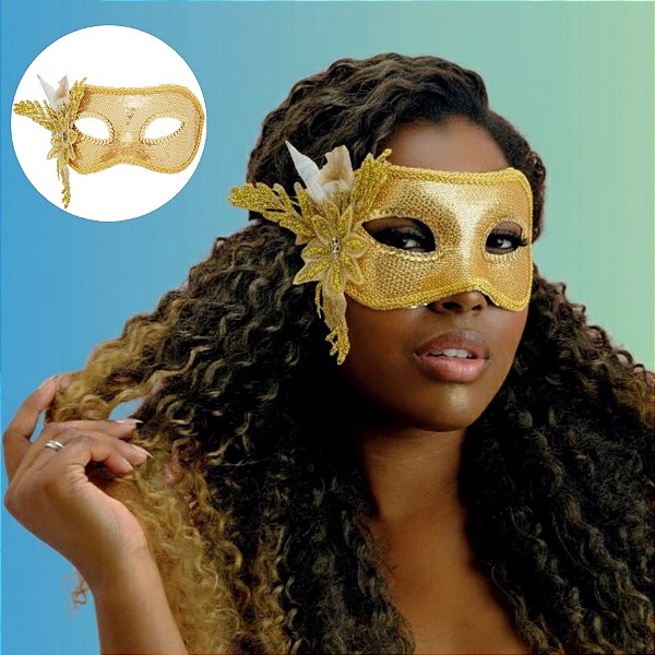 Máscara De Carnaval Com Elástico - Paetê Com Flor Ouro - 1 unidade - Cromus - Rizzo