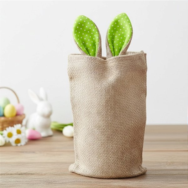 Saco de Juta de Páscoa com Orelha Verde Poá Branco - 1 unidade - EcoArt - Rizzo