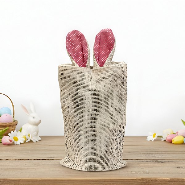 Saco de Juta de Páscoa com Orelha Rosa Poá Branco - 1 unidade - EcoArt - Rizzo