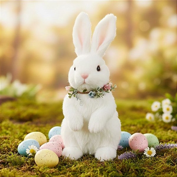 Enfeite Decorativo de Páscoa - Coelho com Colar de Flores - 28x17x16cm - 1 unidade - Cromus - Rizzo