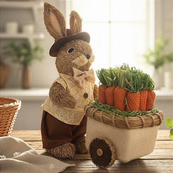 Enfeite Decorativo de Páscoa - Coelho de Palha com Carroça de Cenouras - 28x12x24cm - 1 unidade - FlorArte - Rizzo