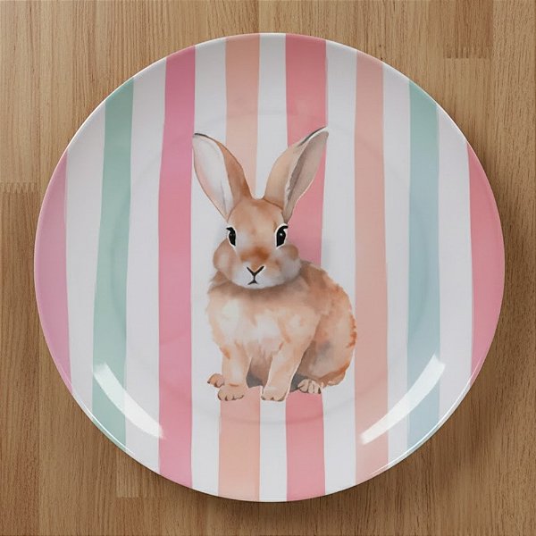 Prato de Sobremesa de Páscoa em Melamina - Coelhinho Listras - 20x20cm - 1 unidade - FlorArte - Rizzo