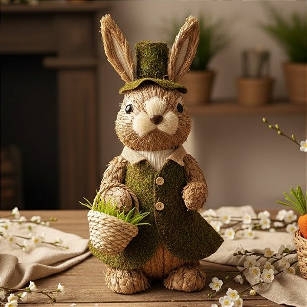 Enfeite Decorativo de Páscoa - Coelha de Palha com Cesto de Ovos - 34x18x22cm - 1 unidade - FlorArte - Rizzo