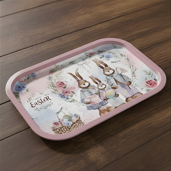 Bandeja Decorativa de Páscoa - Familia Coelho - Rosa - 37x25,5cm - 1 unidade - Rizzo