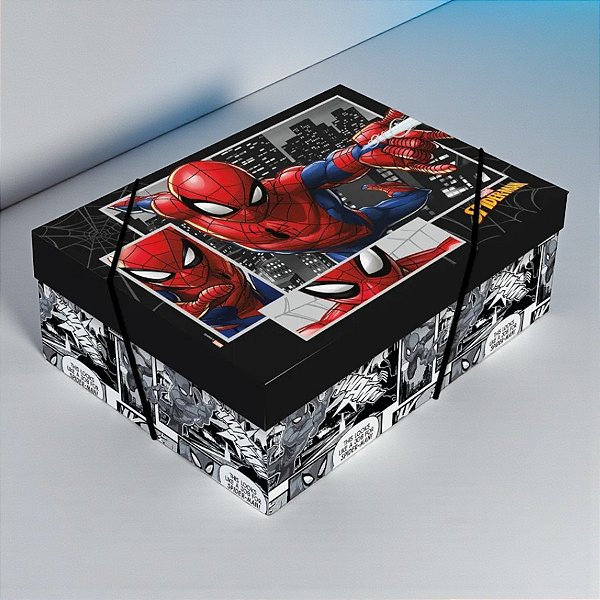 Caixa Retangular Com Tampa e Elástico - Homem Aranha -  M 35x25x11cm - Disney Original - 1 unidade - Cromus - Rizzo