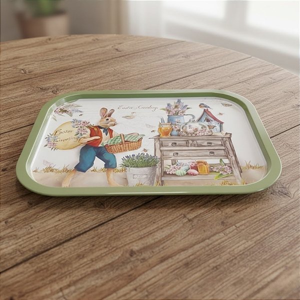 Bandeja Decorativa de Páscoa - Coelho com Cestas - Verde - 37x25,5cm - 1 unidade - Rizzo
