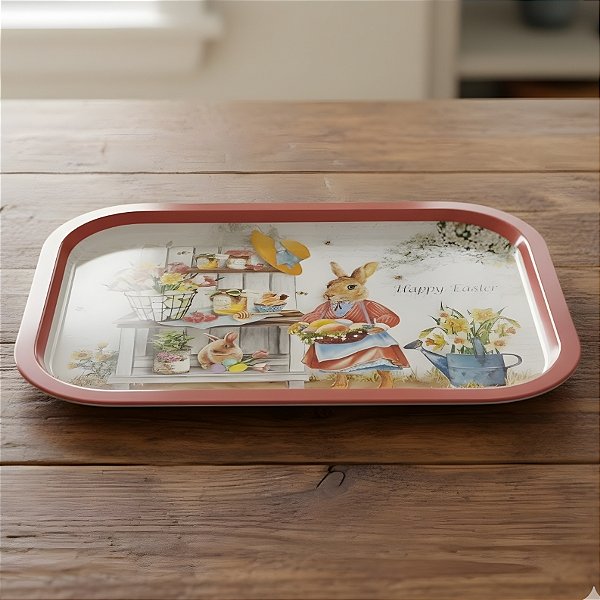 Bandeja Decorativa de Páscoa - Coelha com Cesta de Ovos - Vermelho - 37x25,5cm - 1 unidade - Rizzo