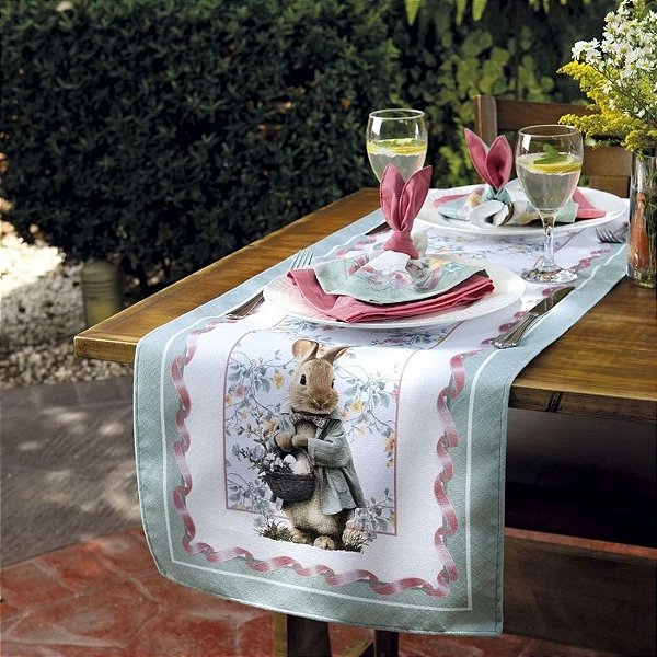 Caminho de Mesa de Páscoa - Coelho com Cesta de Ovos - Tiffany e Rosa - 42x141cm - 1 unidade - Rizzo
