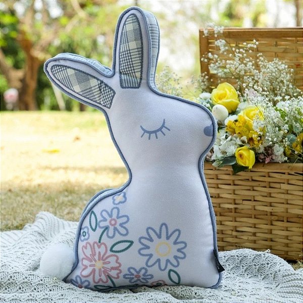 Almofada de Páscoa Premium - Formato Coelho com Cardone Bordado - Azul - 30x48cm - 1 unidade - Rizzo