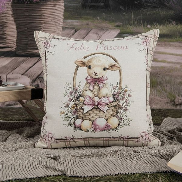 Capa para Almofada de Páscoa Premium - Feliz Páscoa Carneiro Branco Laço - Xadrez Rosa - 43x43cm - 1 unidade - Rizzo