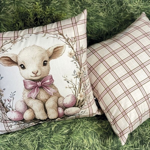 Capa para Almofada de Páscoa Premium - Carneiro Branco com Laço - Xadrez Rosa - 43x43cm - 1 unidade - Rizzo