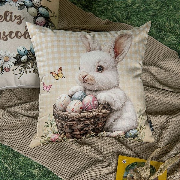 Capa para Almofada de Páscoa Premium - Coelhinho Branco com Cesta de Ovos - Xadrez Amarelo - 43x43cm - 1 unidade - Rizzo