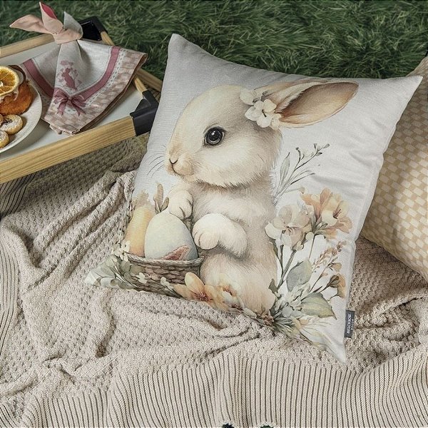 Capa para Almofada de Páscoa Premium - Coelhinho com Flores nas Orelhas e Cesta de Ovos - Tons Pastéis - 43x43cm - 1 uni