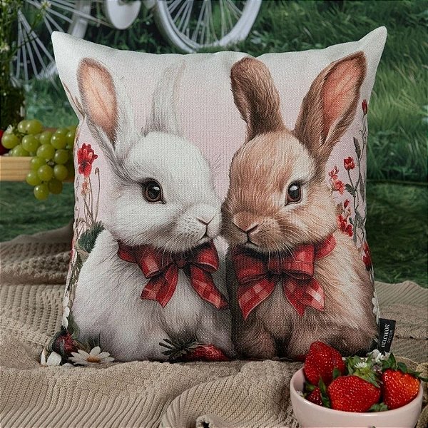 Capa para Almofada de Páscoa Premium - Coelhos Laço - Vermelho - 43x43cm - 1 unidade - Rizzo