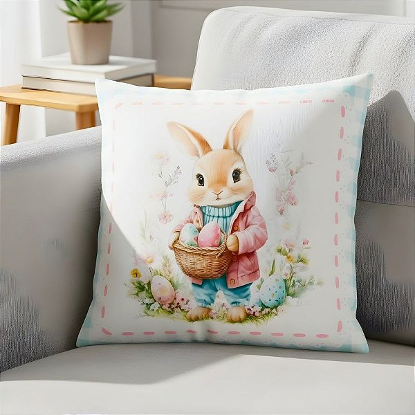 Capa para Almofada Páscoa - Coelho com Cesta de Ovos - 43x43cm - 1 unidade - Rizzo