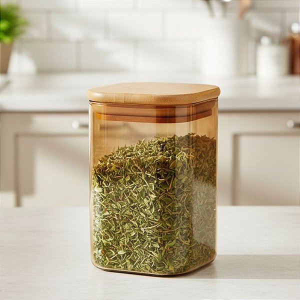 Pote de Vidro Âmbar Hermético com Tampa de Bambu - 6x10cm - 225ml - 1 unidade - Rizzo