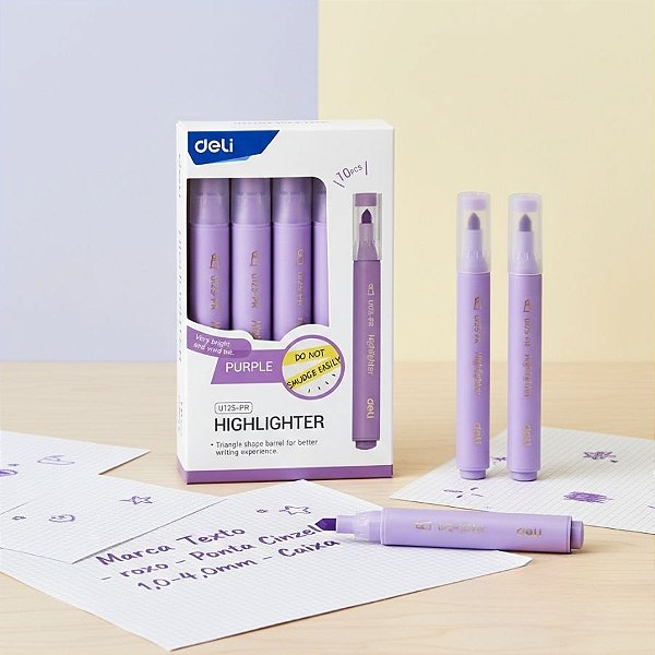 Marca Texto Triangular - Roxa - Ponta Cinzel 1,0-4,0mm - Caixa - 10 unidades - Deli - Rizzo