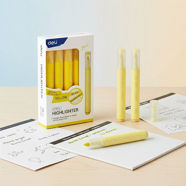 Marca Texto Triangular - Amarelo - Ponta Cinzel 1,0-4,0mm - Caixa - 10 unidades - Deli - Rizzo