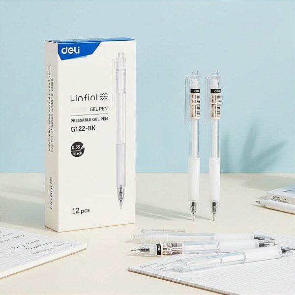 Caneta Gel Retrátil com Grip - Linifni - Punta Agulha 0,35mm Preta - Caixa - 12 unidades - Deli - Rizzo