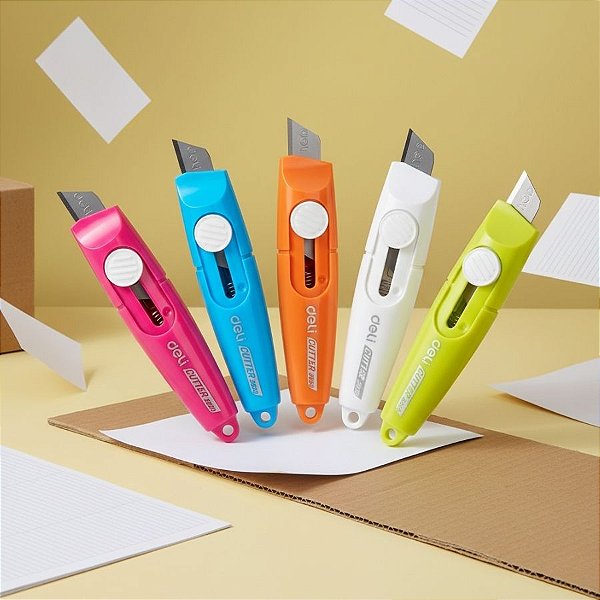 Mini Estilete com Formato de Caneta - Sortido - Lâmina 9mm - Cartela - 20 unidades - Deli - Rizzo