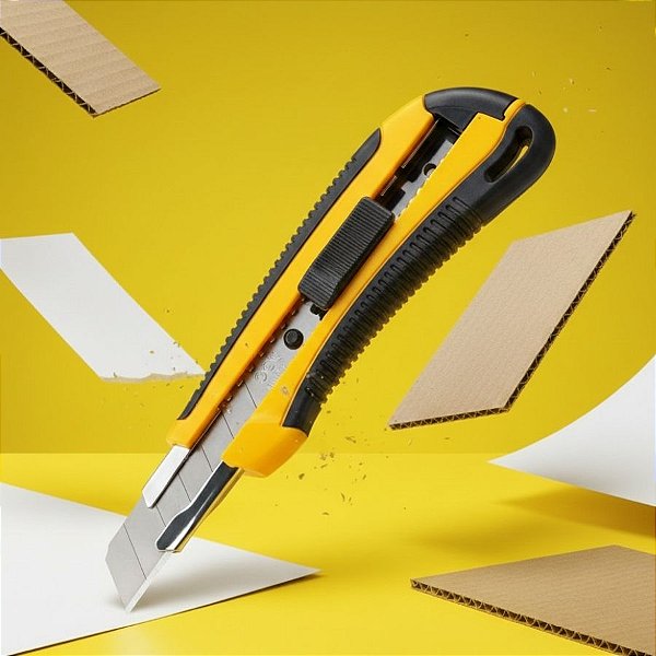 Estilete Profissional com Lâmina 18mm de Aço SK2 - Amarelo - 1 unidade - Deli - Rizzo