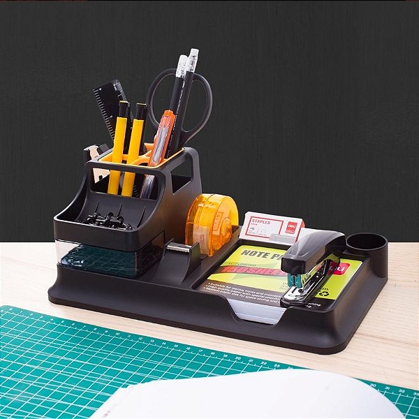 Kit Escritório com 7 Compartimentos e 16 Acessórios Inclusos - Preto - 26x10,3x15cm - 1 unidade - Deli - Rizzo