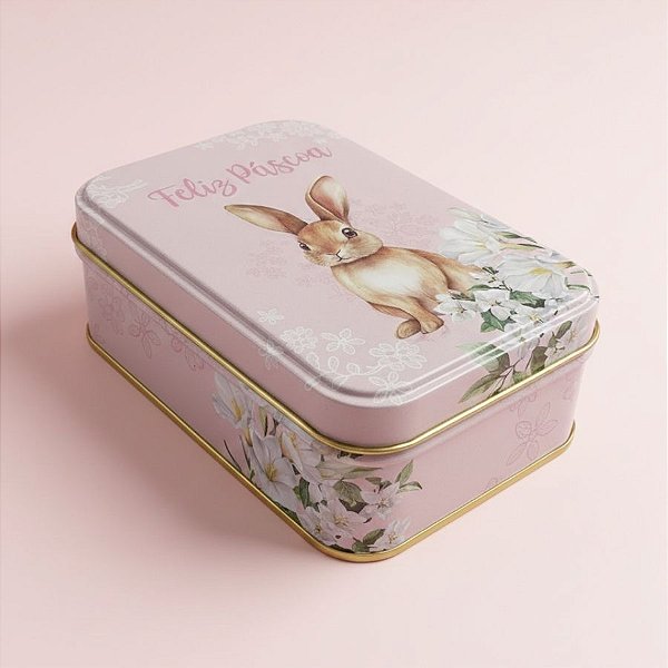 Lata de Metal Retangular de Páscoa - Coelho Flores - Rosa - 12,2x8,5x4,5cm - 1 unidade - Rizzo
