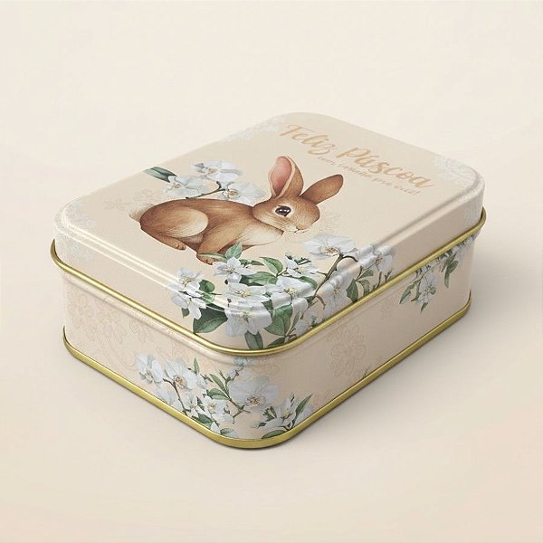 Lata de Metal Retangular de Páscoa - Coelho Flores - Creme - 12,2x8,5x4,5cm - 1 unidade - Rizzo