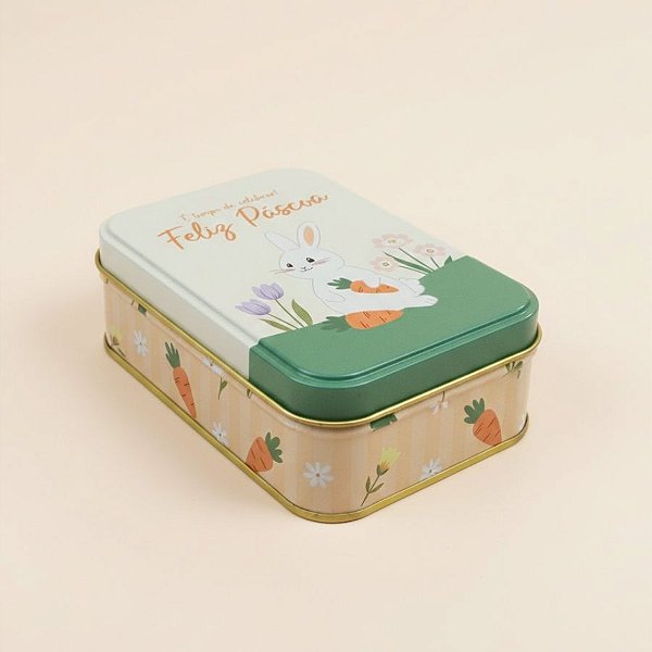 Lata de Metal Retangular de Páscoa - Coelho Feliz Páscoa - Branco - 12,2x8,5x4,5cm - 1 unidade - Rizzo