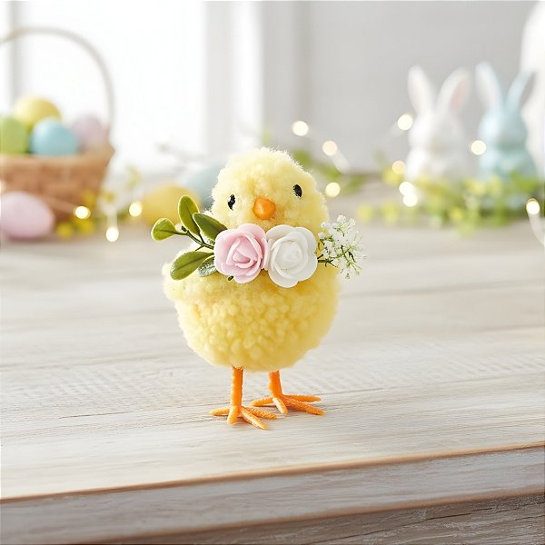 Pintinho Decorativo com Flores - Rosa e Branco - 7x12x9cm - 1 unidade - Cromus - Rizzo