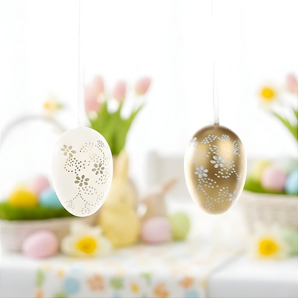 Saco de Ovinhos de Páscoa Decorativos para Pendurar - Dourado e Branco - 6x4x4cm - 9 unidades - Cromus - Rizzo