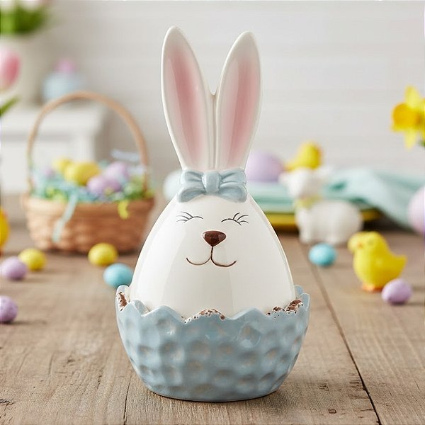 Potinho de Cerâmica de Páscoa com Tampa - Coelha Azul e Branca - 13x8x8cm - 1 unidade - Cromus - Rizzo