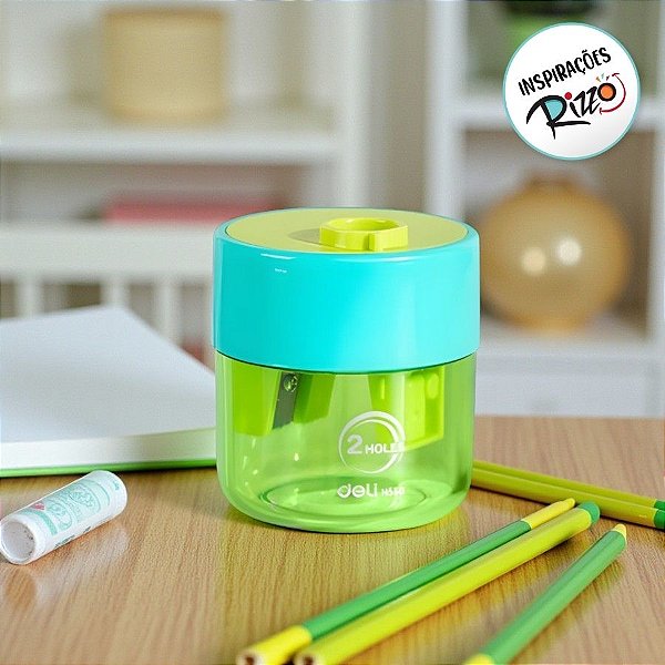 Apontador 2 Furos com Reservatório - Verde Água - 5x4,5cm - 1 unidade - Deli - Rizzo
