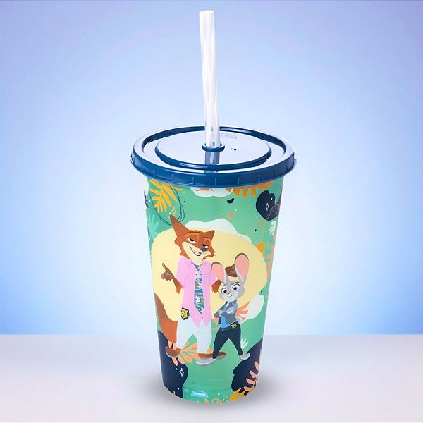 Copo de Plástico com Tampa e Canudo - Zootopia - 500ml - Disney Original - 1 unidade - Plasútil - Rizzo