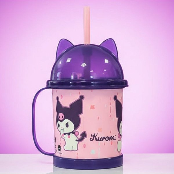 Caneca com Canudo e Tampa - Kuromi - Hello Kitty - 360ml - 1 unidade - Plasútil - Rizzo
