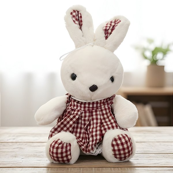 Coelho de Pelúcia Branco - Vestido Xadrez Vermelho - 12x39x11cm - 1 unidade - Rizzo - Rizzo