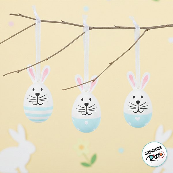 Ovinhos de Páscoa Decorativos para Pendurar - Coelhinhos Azul e Branco - 8x4cm - 9 unidades - Cromus - Rizzo