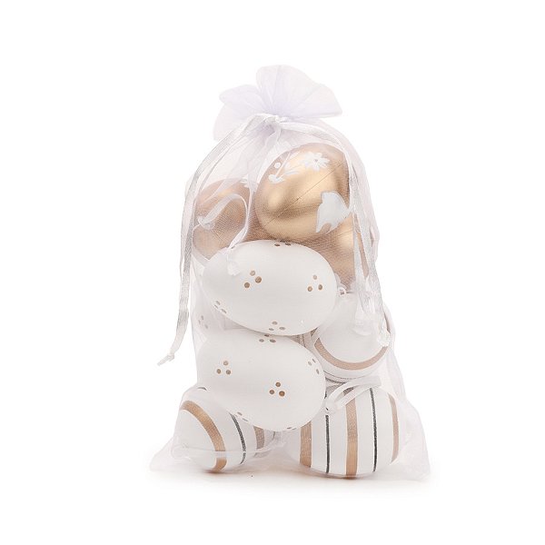 Ovinhos de Páscoa Decorativos para Pendurar - Branco e Dourado - G 6x4x4cm - 9 unidades - Cromus - Rizzo