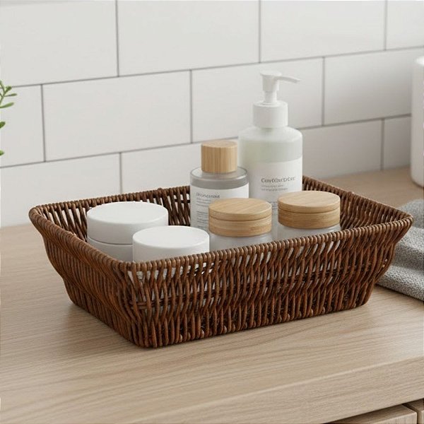 Cesto Organizador Rattan Fibra Sintética - Marrom - 26x20x8cm - 1 unidade - Rizzo